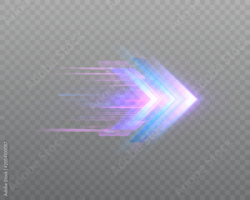 A glowing arrow with a motion effect and a trail of high-speed flow, isolated on a transparent background. Vector directional interface symbol for navigation.	