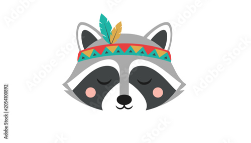 Adorable raccoon character face wearing a colorful native American tribal headband with feathers on white background.