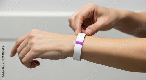 Person carefully placing a white paper identification wristband with a small purple stripe around their wrist for access control at an event or a medical facility during a bright day.