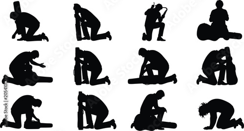 Bild auf Leinwand Set of black silhouettes featuring musicians kneeling and preparing their instru