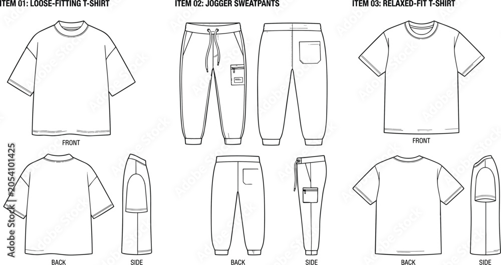 Naklejka premium Technical fashion flat sketches of oversized t-shirts and cargo jogger pants for apparel design and clothing production