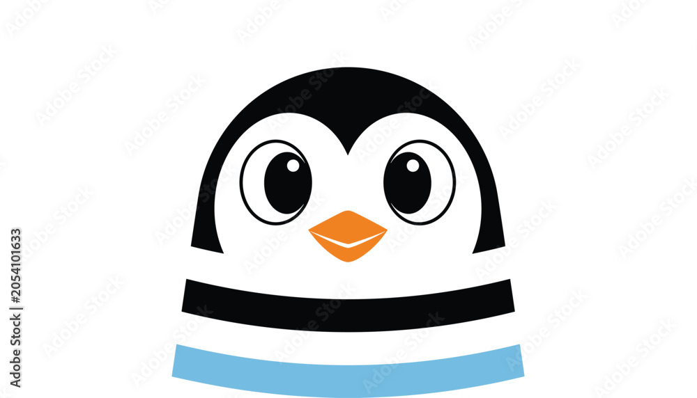 Obraz premium Cute close up cartoon face of a baby penguin with big dark eyes and an orange beak on a white background.