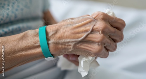 Elderly person with wrinkled skin wearing a bright green medical identification bracelet on their wrist while holding a soft white tissue during a difficult recovery period inside a hospital room.