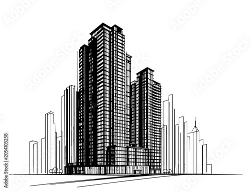 High rise building sketch. Abstract landscape