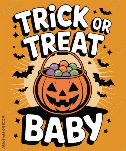 Trick or treat baby halloween featuring a jack o lantern pumpkin bucket filled with colorful candy balls and flying bat silhouettes