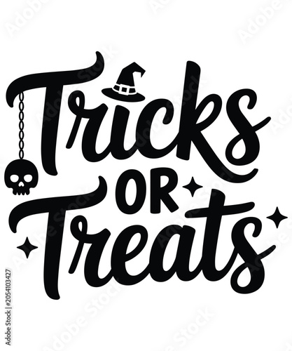 Tricks or treats halloween typography with a hanging skull and a witch hat on a plain white background, for holiday decor