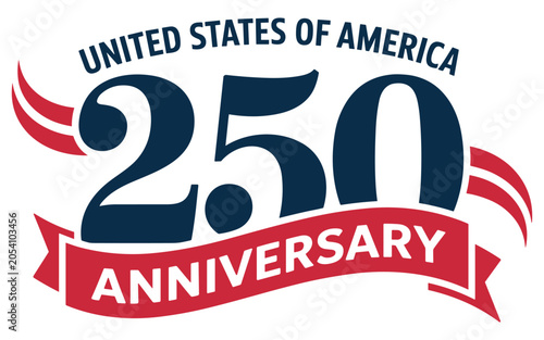 United states of america 250th anniversary emblem with bold blue typography and red ribbon swooshes, isolated on a white background