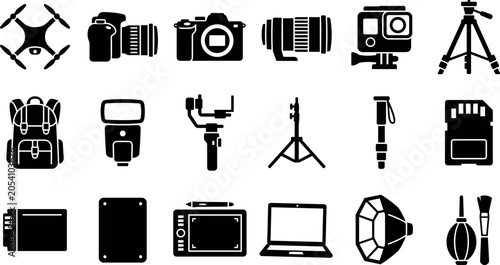 Εκτύπωση καμβά Professional Photography Equipment and Retro Film Multimedia Icon Set Featuring