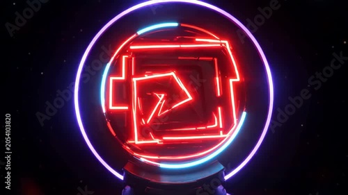 Abstract glowing neon circle with red geometric lines in the dark