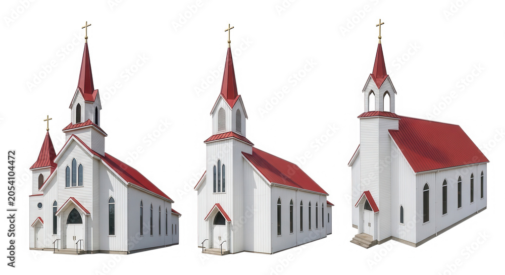 Fototapeta premium Set of three small white churches with red roofs in different angles isolated on a transparent background