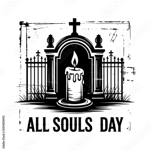 All souls day greeting card design with candle tombstone and cemetery iron fence.