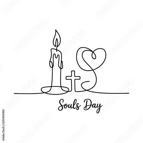 All souls day continuous one line drawing with burning candle and heart and cross.