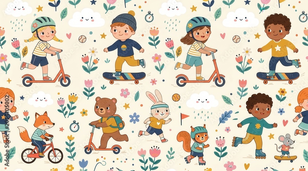 Fototapeta premium Happy kids and cute animals enjoy various outdoor activities in a sunny, flower-filled setting