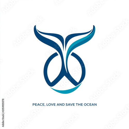 Whale tail Save the Ocean Vector logo, clean white background, two flukes elegantly curving outward and seamlessly transforming into the circular arms of the universal peace symbol.