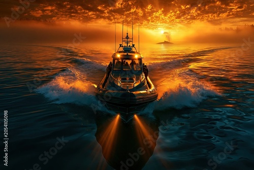 A modern marine pulp noir, whale watching vessel crossing calm ocean at sunrise, distant whale blow visible on the horizon, passengers seen only as silhouettes, golden light breaking through fog