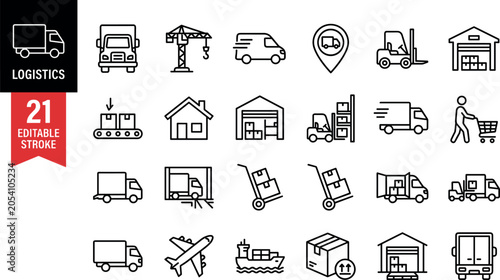 Logistics and supply chain outline icon set vector illustration featuring cargo transport warehousing and distribution