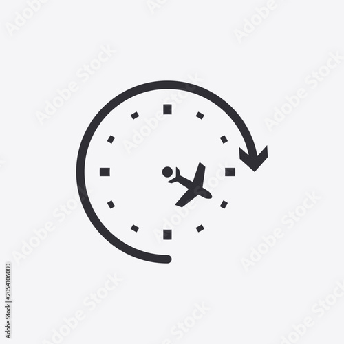 Airplane in wall clock flight schedule concept icon vector illustration