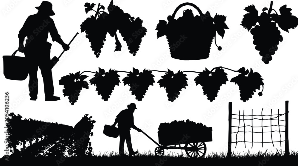 Obraz premium Black silhouette vector illustrations of vineyard grape harvesting, farming tools, baskets, and agricultural workers
