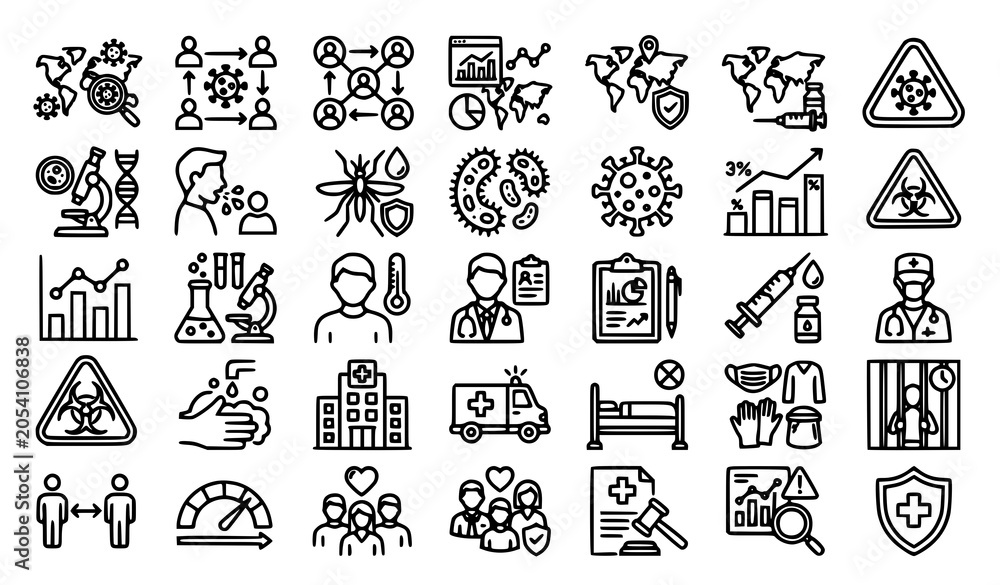 Fototapeta premium Public health linear icons set with geometric outline epidemiology warning and laboratory medicine research symbols