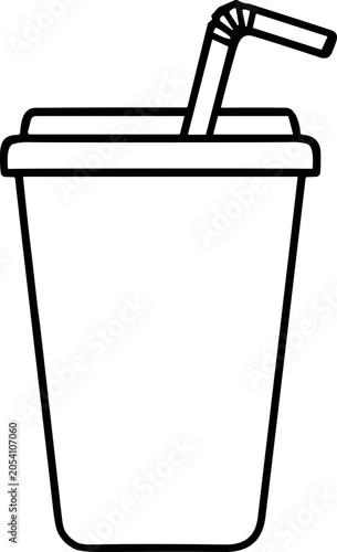 Vector Outline Drawing of Disposable Coffee Cup with Straw and Lid