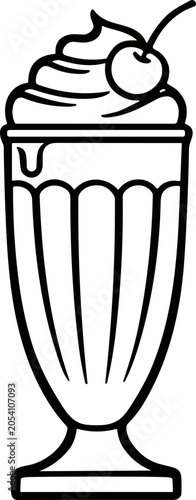 Outline illustration of a classic milkshake with whipped cream and cherry on top.