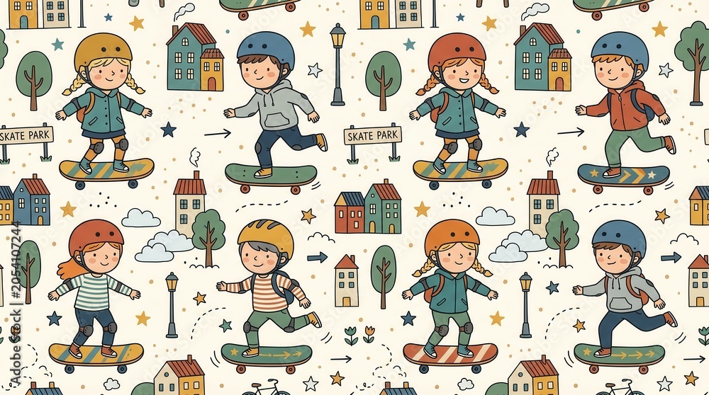 Fototapeta premium Young children skateboard through a vibrant cartoon neighborhood filled with houses and trees