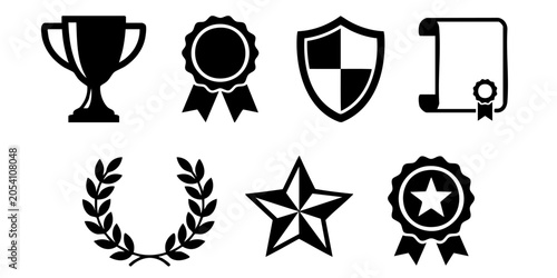 Foto A collection of achievement symbols including a trophy, rosette, shield, certificate, laurel wreath, star, and medal icons
