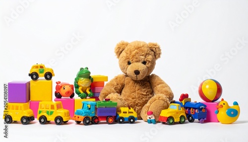 Colorful Assortment of Children Toys on White Background