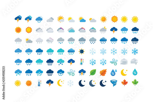 84 Weather Icons Vector Set – Colorful Flat Forecast Symbols for Mobile Apps, UI Design, Web Dashboards and Print Media