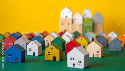 Real Estate Development Concept with Miniature Colorful Houses on yellow background 