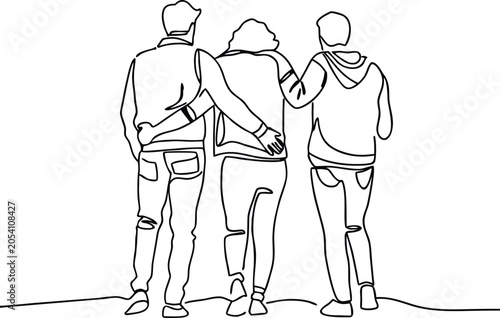 Three best friends standing together in continuous line art drawing of people seen from behind.