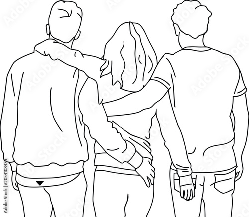 Three friends embracing, arms around shoulders, support and unity, close bond, friendship.