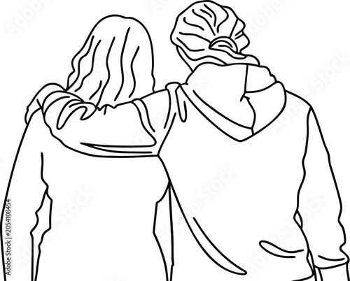 Two friends standing together with arms around each other in continuous line art design style.