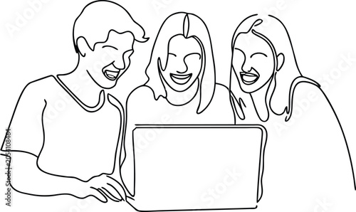 Three friends laughing together and looking at laptop screen, expressive faces, friendship and joy.