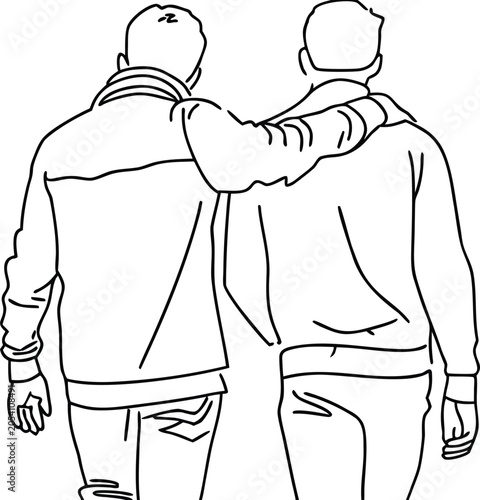 Two male friends with arms around each other in continuous line drawing style seen from behind.