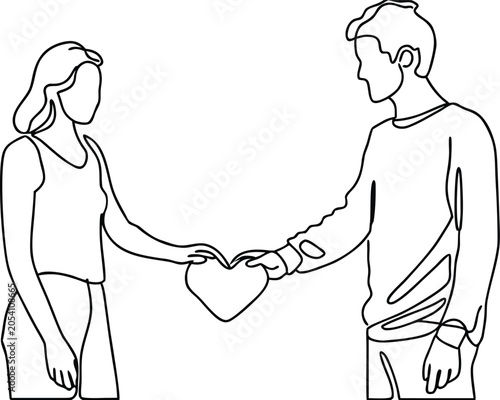 Continuous line drawing of man and woman holding heart together as symbol of love.