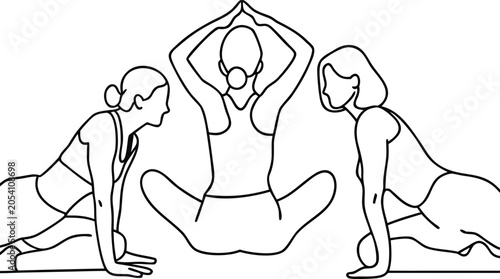 Continuous line drawing of three women doing yoga exercise together in studio.