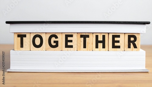 Together Concept with Wooden Blocks Between Books