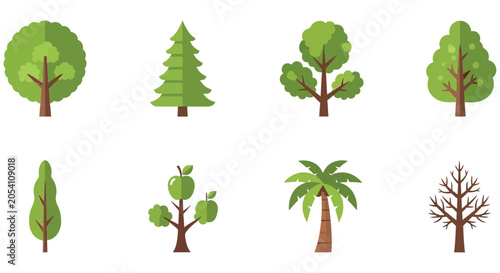 Collection Of Various Tree Types Flat Vector Illustration On White Background