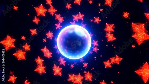 Glowing blue sphere surrounded by floating red stars on a dark background