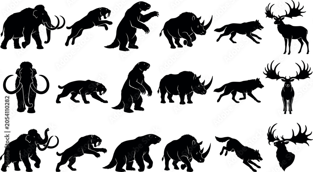 Fototapeta premium Prehistoric Ice Age Megafauna Silhouette Icon Set Featuring Woolly Mammoths Sabertooth Tigers Giant Sloths Rhinos and WolvesPrehistoric Ice Age Megafauna Silhouette Icon Set Featuring Woolly Mammoths 