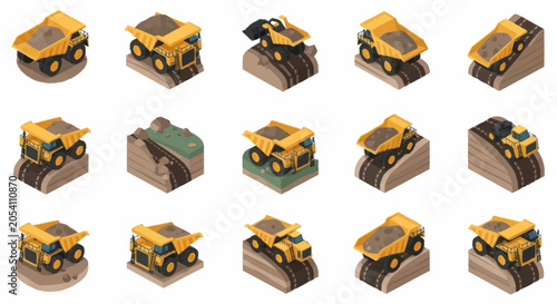 Fotografia Collection of isometric dump trucks on construction sites.