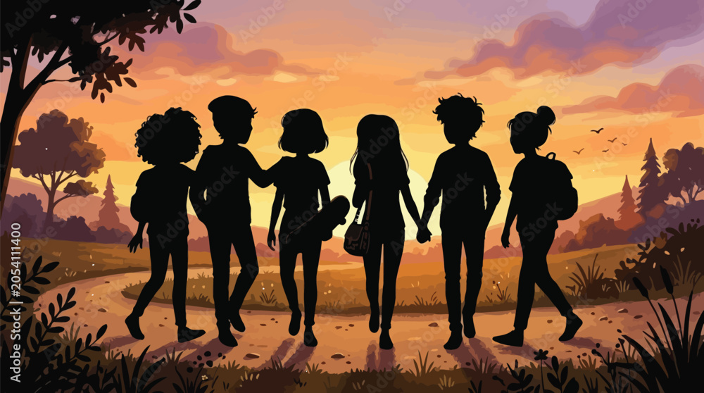 Fototapeta premium Silhouette of diverse group of friends walking together, sunset background, vector illustration, EPS