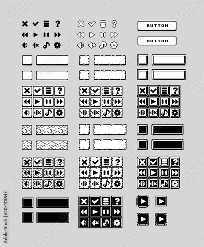 Pixel Art Menu UI Kit, Retro Game Interface Buttons and Icons Set, media controls, icons and interface elements for retro games, RPGs, indie projects and fantasy game development.