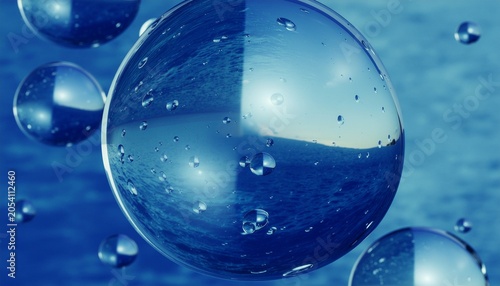 Abstract macro background of large clear water droplets floating on a cool blue reflective surface with droplets