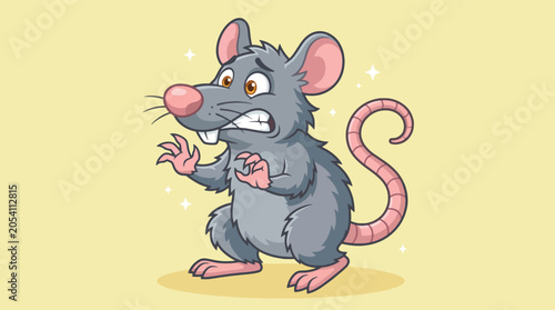 Photos Cartoon Illustration of a Scared Gray Rat Character.