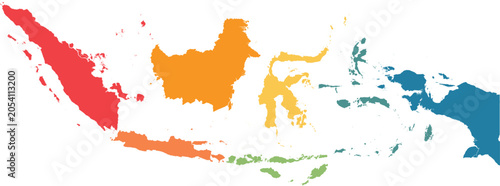 Foto Colorful flat vector map of Indonesia divided by major island regions