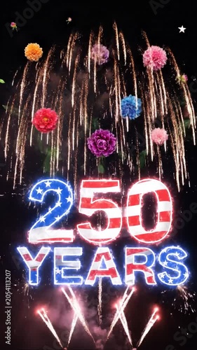 Celebrating 250 Years with Explosive Fireworks and Vibrant Floral Display in Night Sky