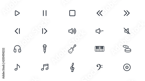 Flat line icons set of media player and music controls with sound and microphone symbols Vector