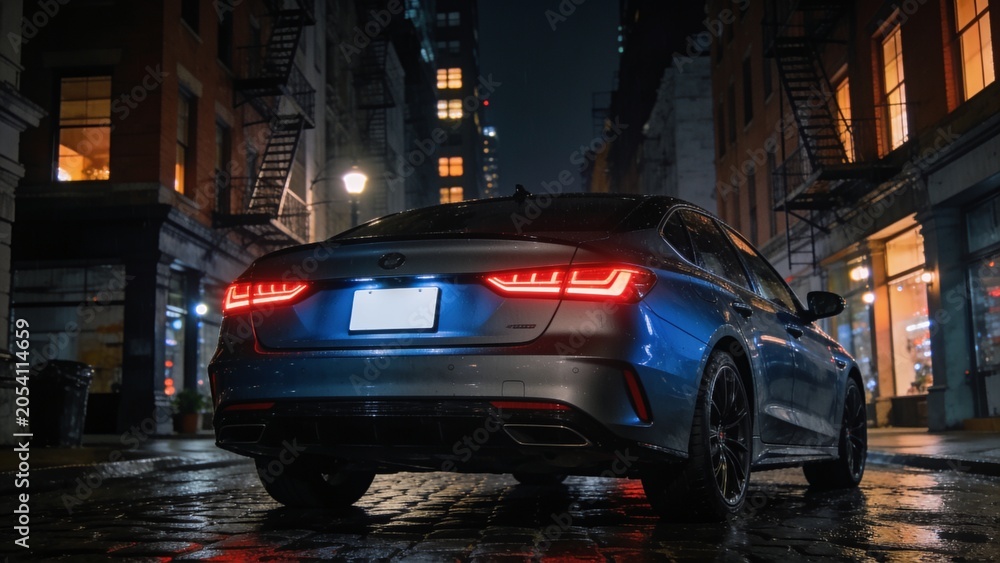 Obraz premium Luxury sedan parked on wet city street at night with glowing lights.